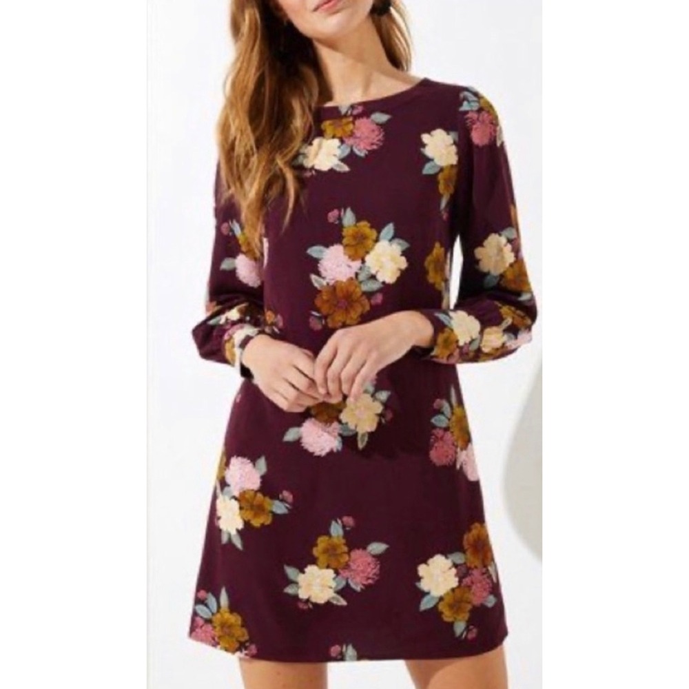LOFT Plus Womens Size 16 Burgundy Floral Long Sleeve Shift Mini Dress 479580 NEW